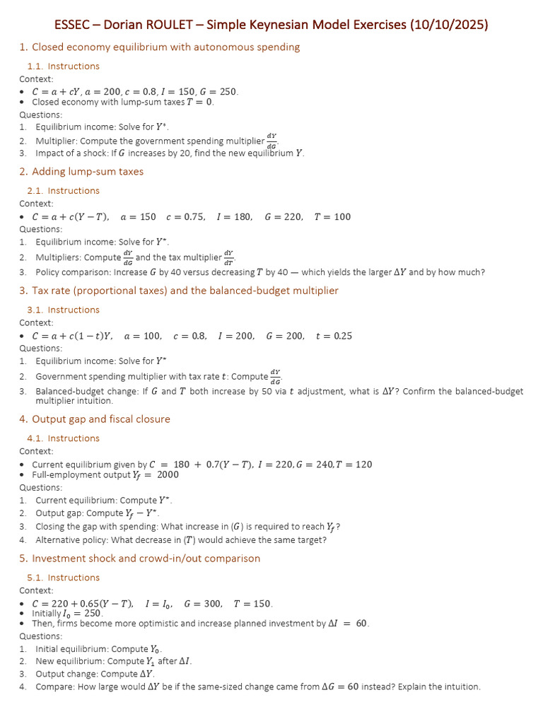 Simple Keynesian Model Exercises | PDF