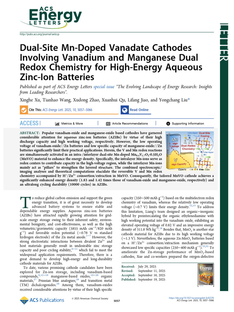 Dual-Site Mn-Doped Vanadate Cathodes Involving Vanadium and Manganese ...