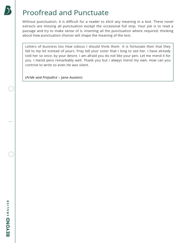 Proofread and Punctuate Worksheet- Pride and Prejudice | PDF