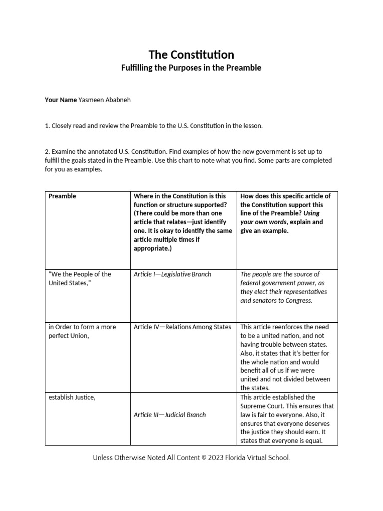 Analyzing the U.S. Constitution's Preamble | PDF | Article One Of The ...