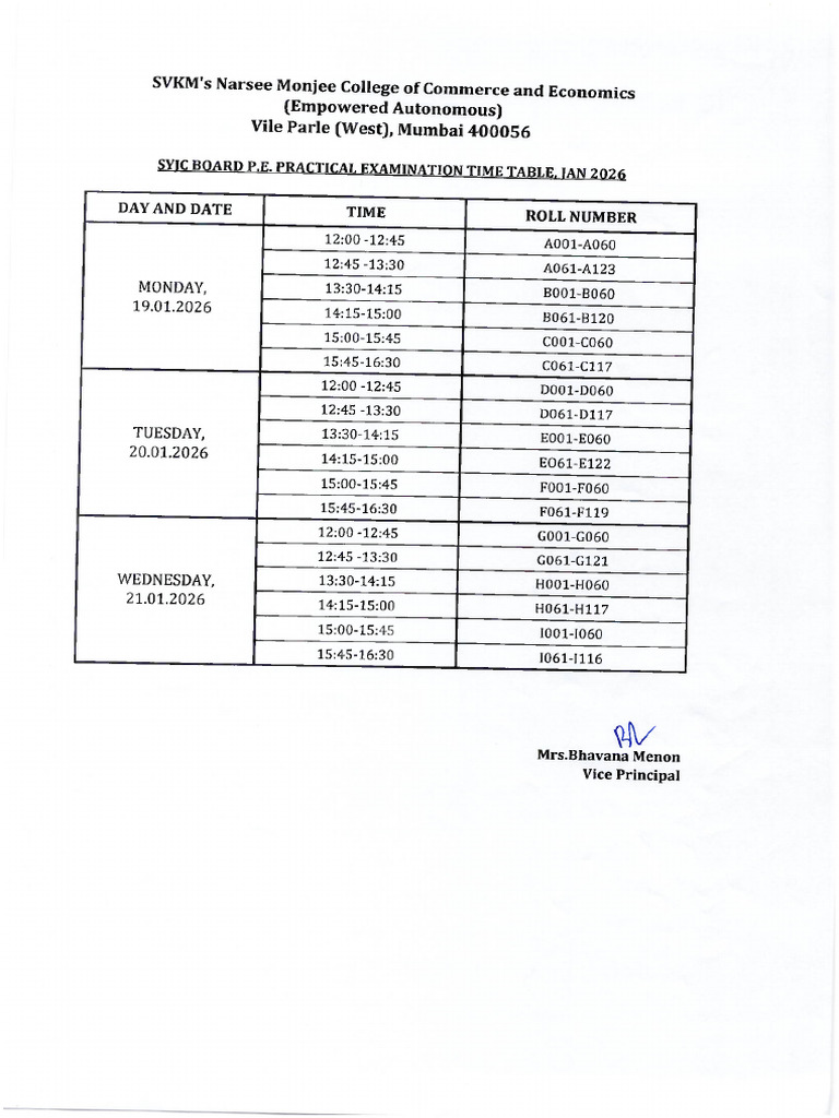 Syjc Board P.E. Practical Examination Time Table, Jan 2026 | PDF