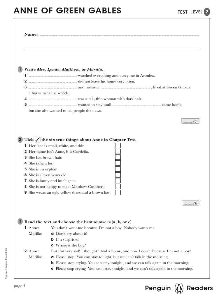 Anne of Green Gables Level 2 Test | PDF | Anne Of Green Gables