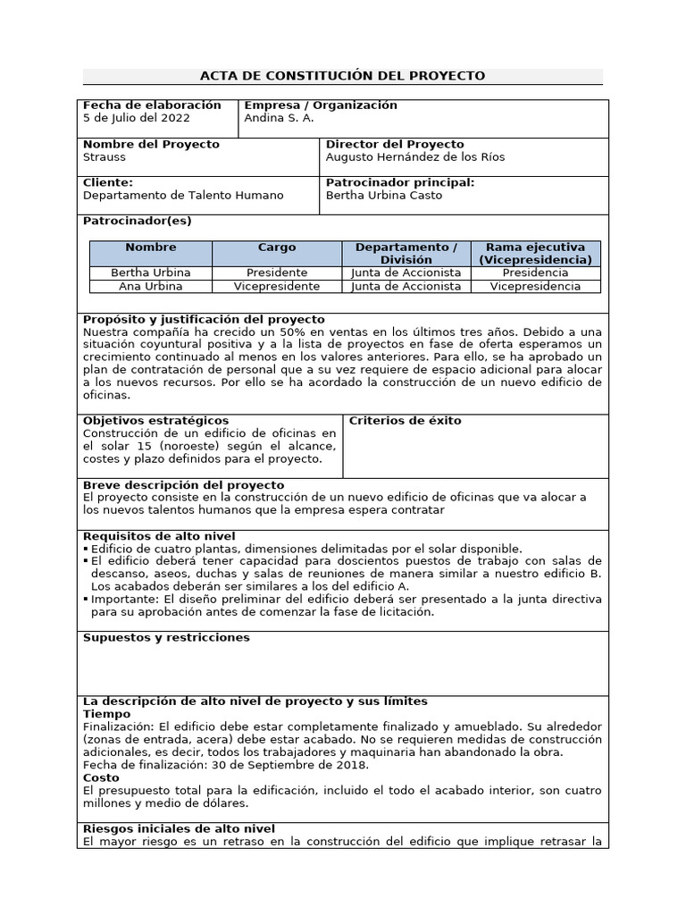Acta de Constitución del Proyecto Strauss | PDF | Presupuesto | Software