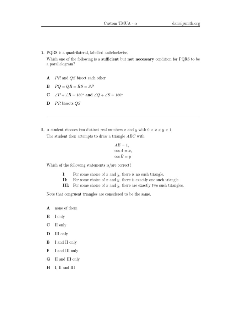 TMUA Custom Questions and Solutions | PDF | Real Number | Discrete ...
