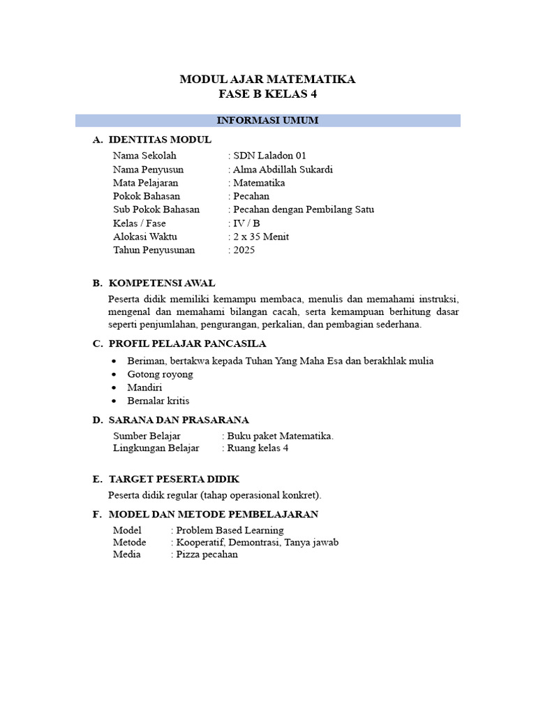 Modul Ajar Pecahan Kelas 4 SD | PDF