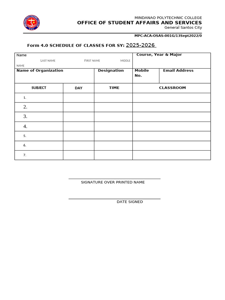 MPC Class Schedule Form 2025-2026 | PDF