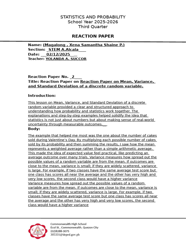 Reaction Paper Template2 | PDF | Variance | Mean