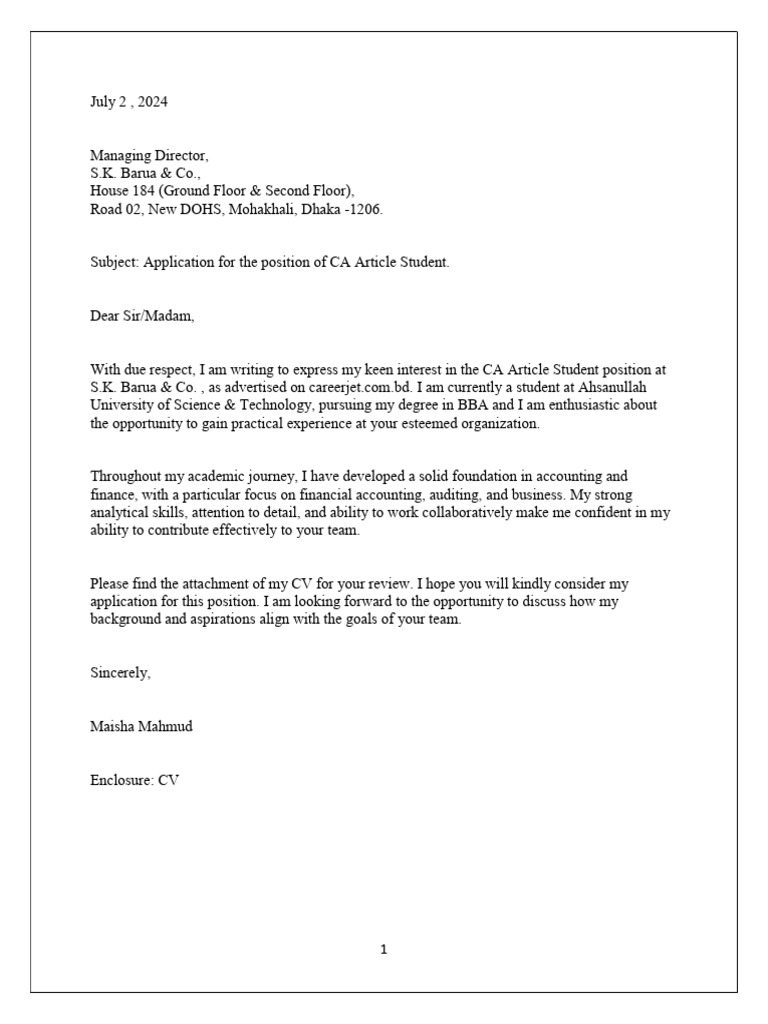 CA Article Student Application Letter | PDF