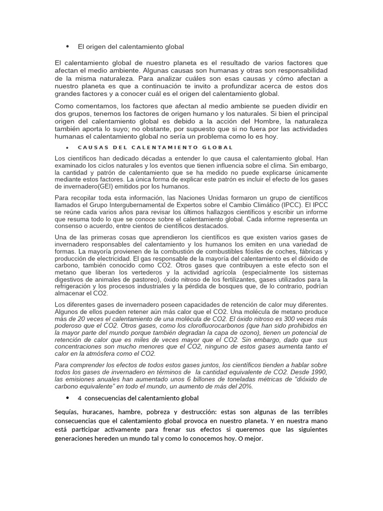 Causas y consecuencias del calentamiento global | PDF | Gases de efecto ...