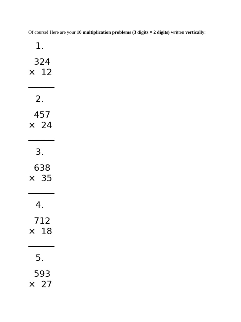 10 Vertical Multiplication Problems | PDF