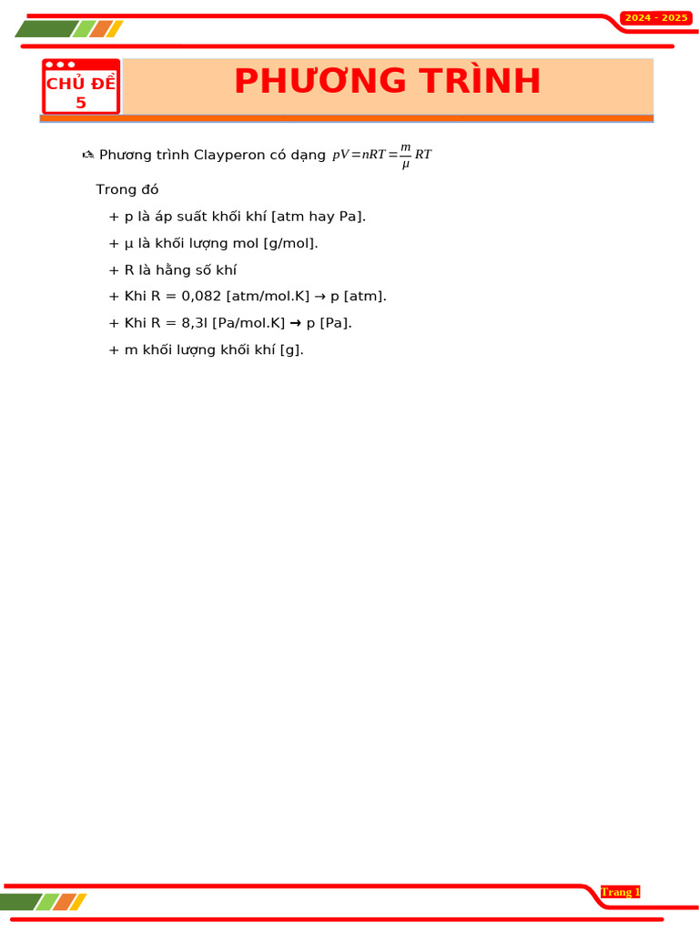Chủ đề 5 PHƯƠNG TRÌNH CLAYPERON - HS | PDF