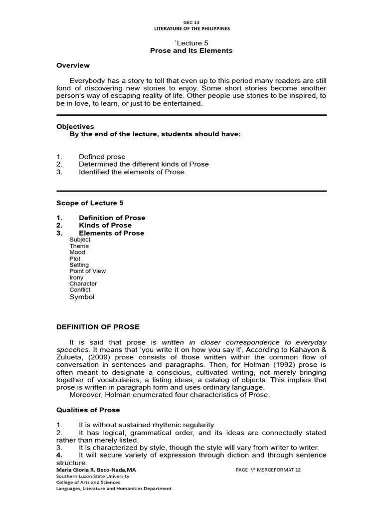 Prose Elements in Philippine Literature | PDF | Narrative | Fable