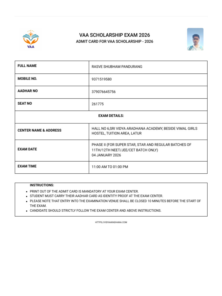 VAA Scholarship Exam Admit Card 2026 | PDF