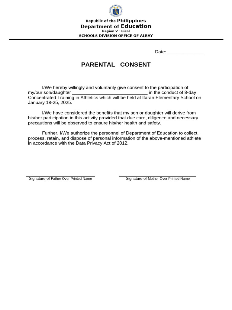 Parental Consent for Athletics Training | PDF