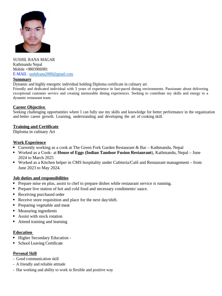 Culinary Arts Resume of Sushil Rana Magar | PDF