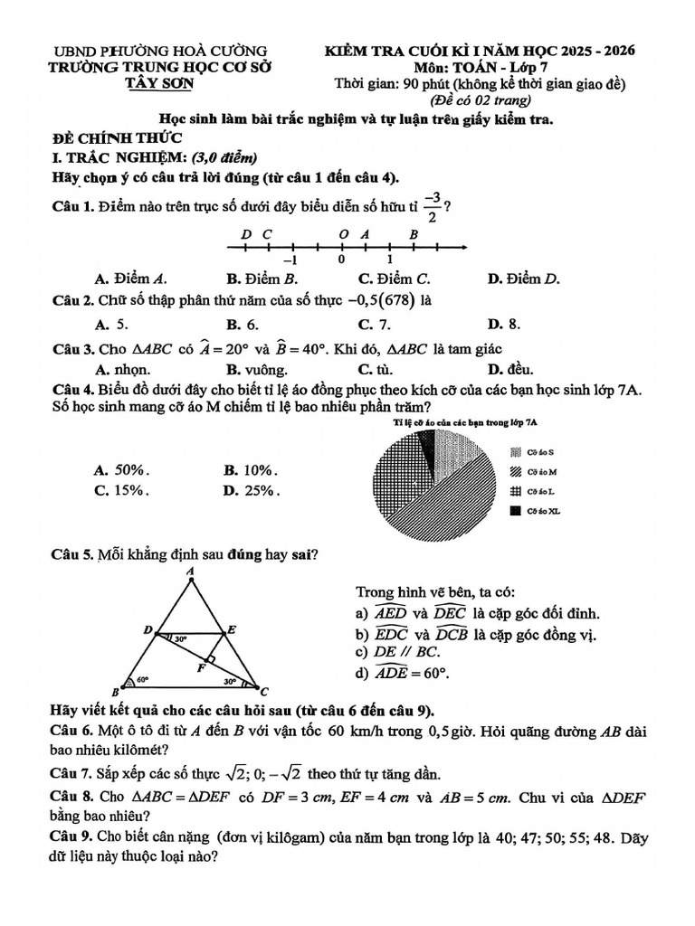 De Cuoi Ki 1 Toan 7 Nam 2025 2026 Truong Thcs Tay Son Da Nang | PDF