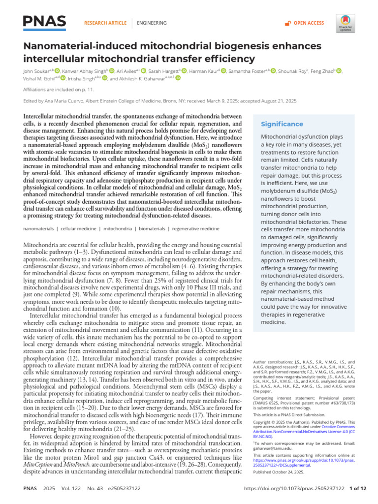 Nanomaterial - Induced Mitochondrial Biogenesis Enhancesintercellular ...