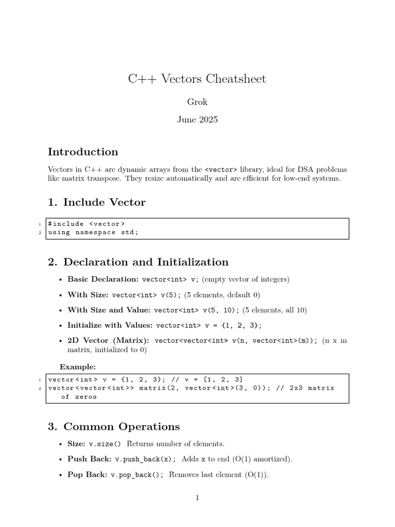 C++ Vectors Cheatsheet Guide | PDF | Matrix (Mathematics) | Software ...
