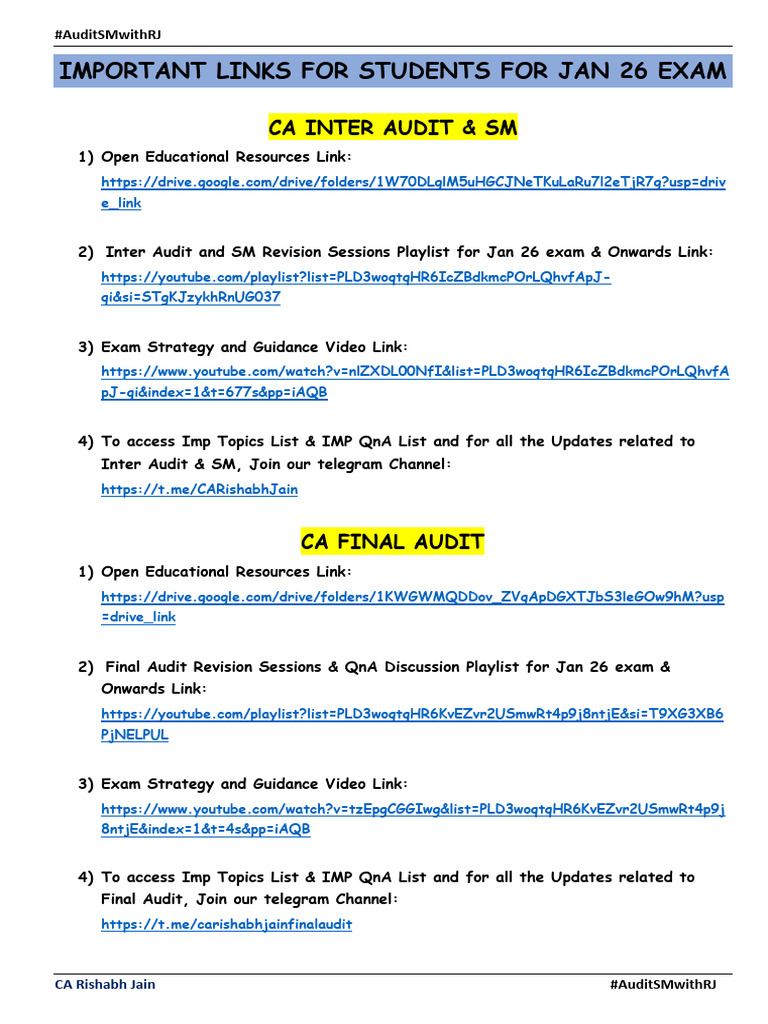 Imp Links for Students for Jan 26 Exam | PDF