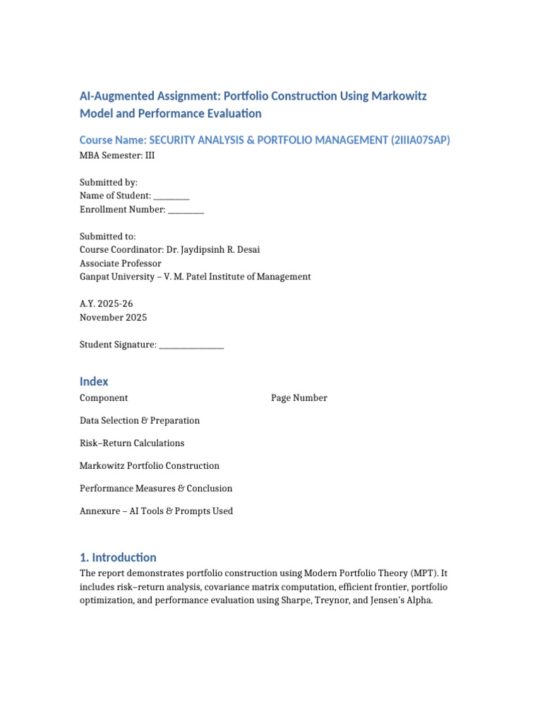 Markowitz Portfolio Construction Analysis | PDF | Modern Portfolio ...