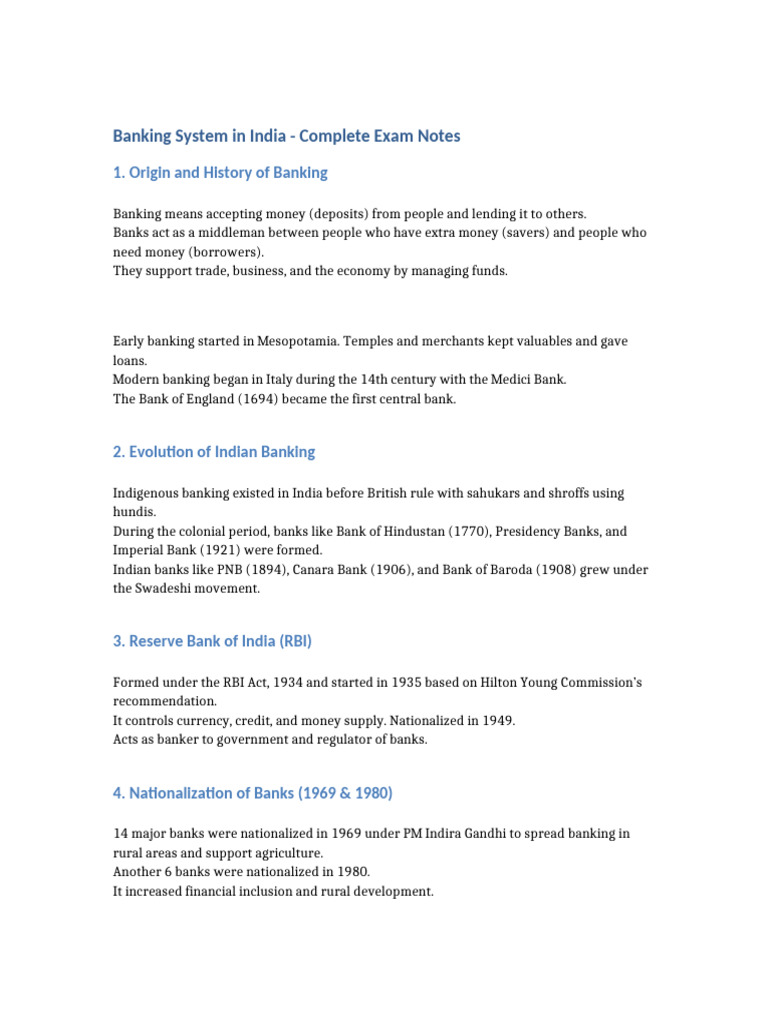 Indian Banking System Exam Notes | PDF | Banks | Reserve Bank Of India