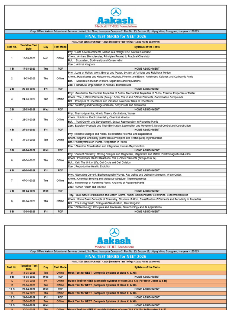 NEET 2026 Test Series Schedule | PDF | Chemistry | Atoms