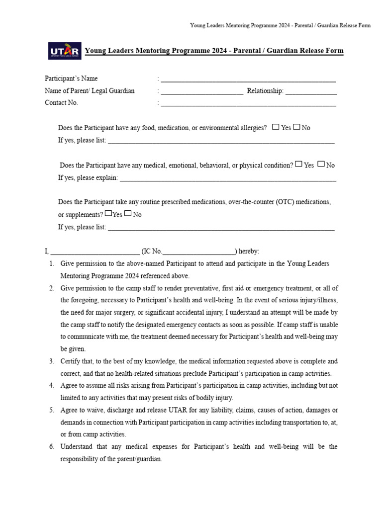 Young Leaders Mentoring Programme 2024 - Parent Guardian Release Form ...