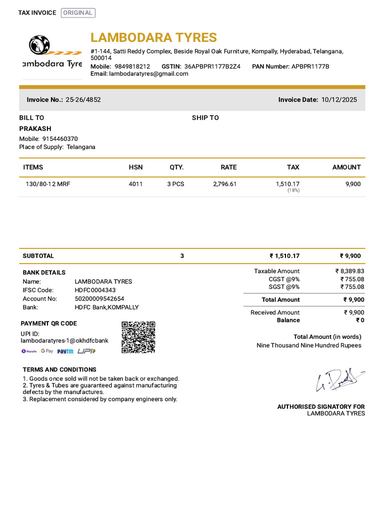 Lambodara Tyres Invoice Details | PDF | Invoice | Economy Of India