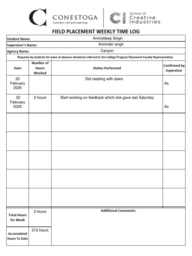 Weekly Time Log for Field Placement | PDF