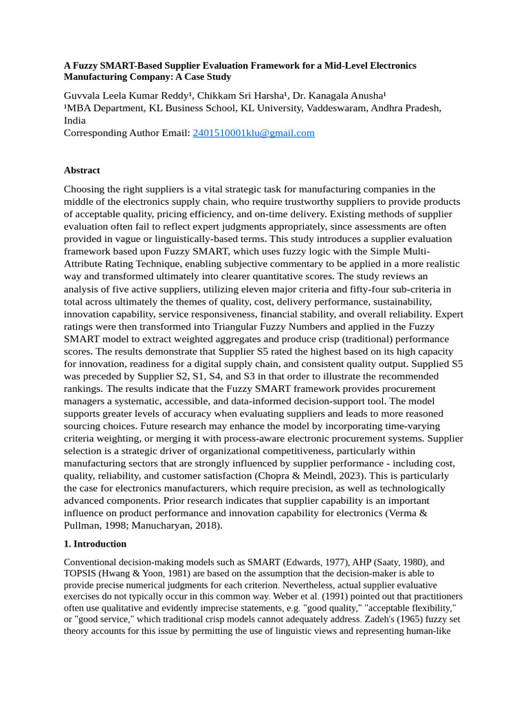 Fuzzy SMART Supplier Evaluation Framework | PDF | Supply Chain | Fuzzy ...