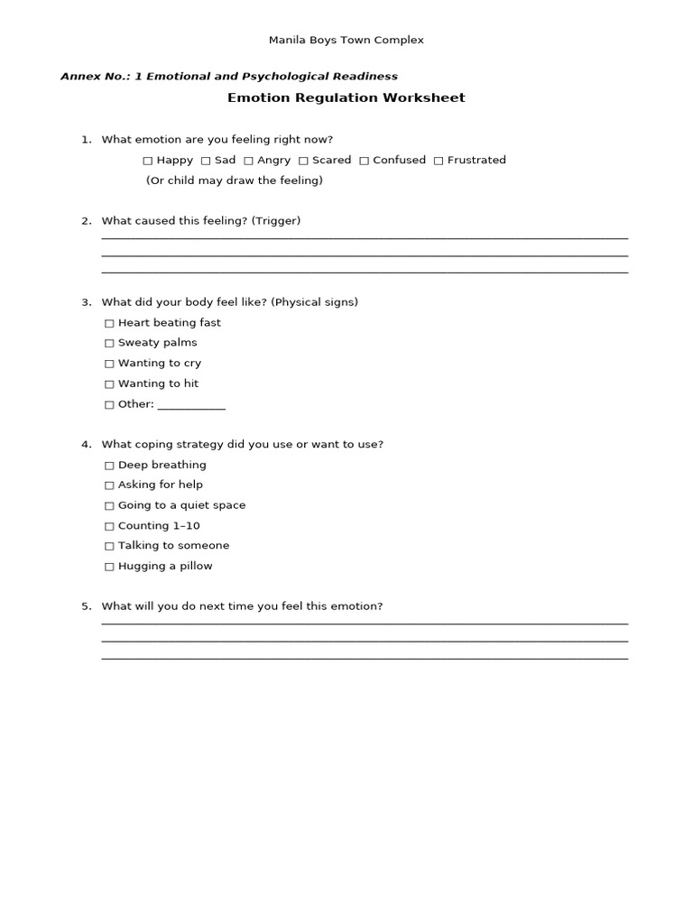 Emotion Regulation Worksheet Guide | PDF