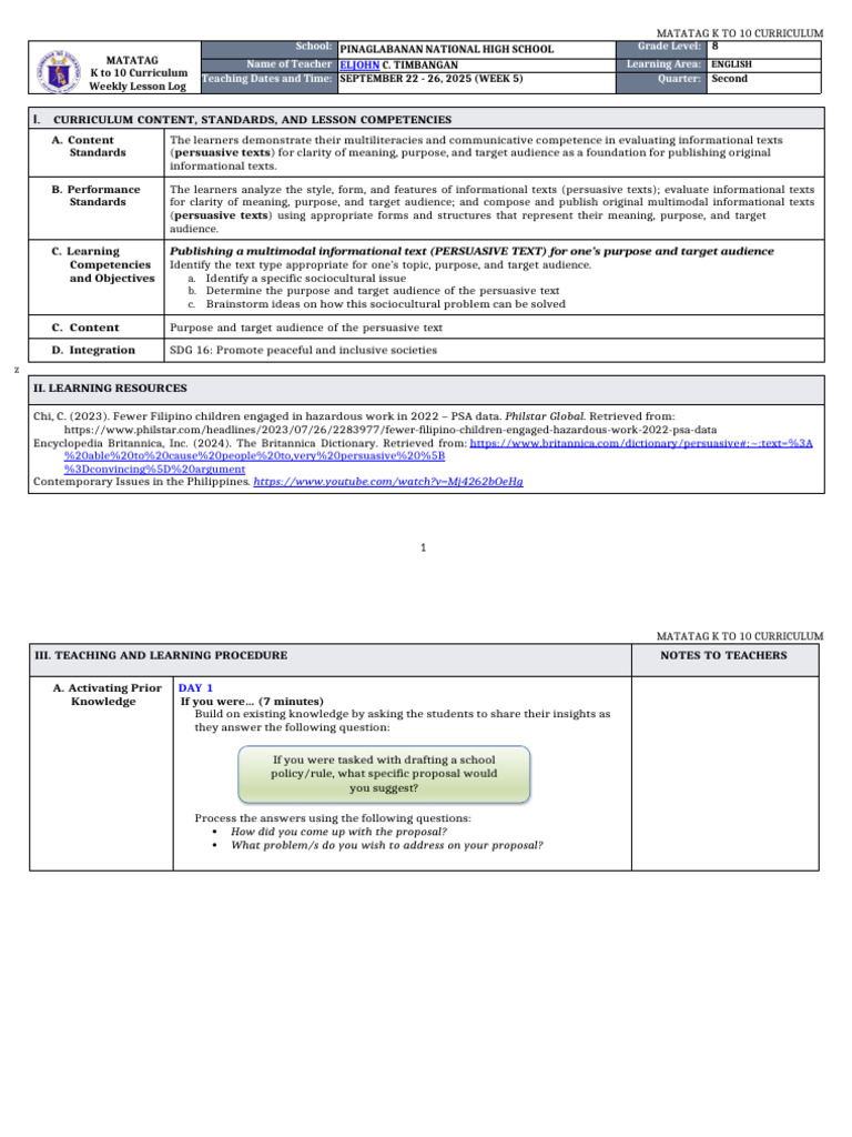 DLL Matatag - English 8 q2 w5 | PDF | Curriculum | Learning