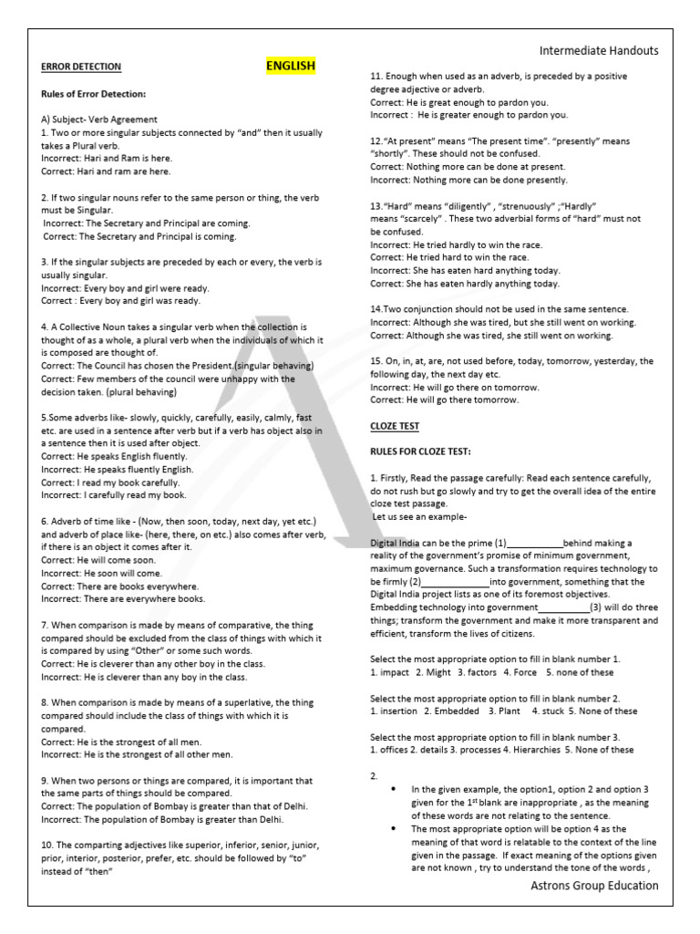 Error Detection and Cloze Test Rules | PDF | Grammatical Number | Verb