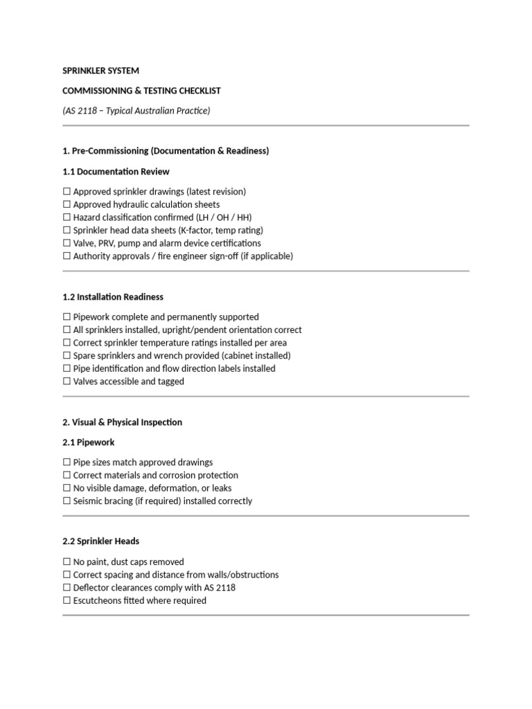 Sprinkler System Commissioning Checklist | PDF | Fire Sprinkler System ...
