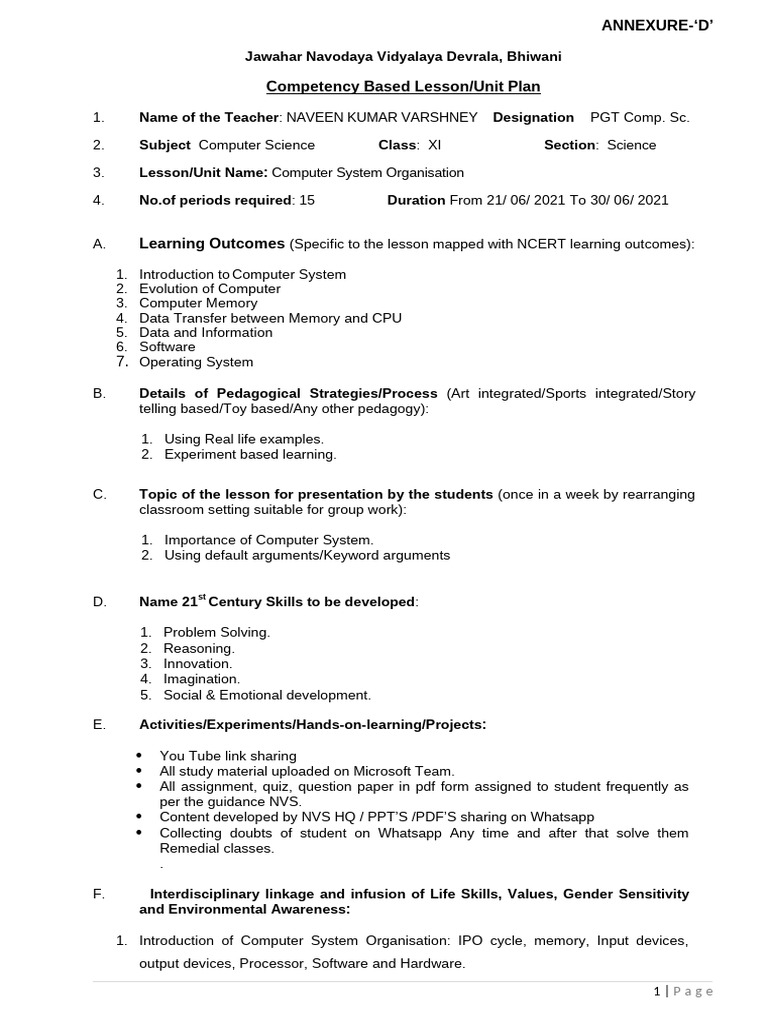 Computer Science Lesson Plans for XI & XII | PDF | Educational ...