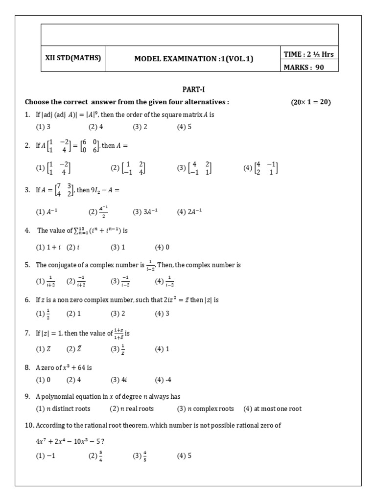 Maths Model Exam Paper for XII Std | PDF | Euclidean Geometry | Mathematics