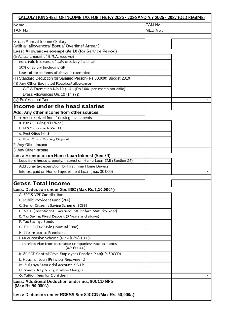 Income Tax Calculation Sheet FY 2025-26 | PDF | Pension | Public Finance