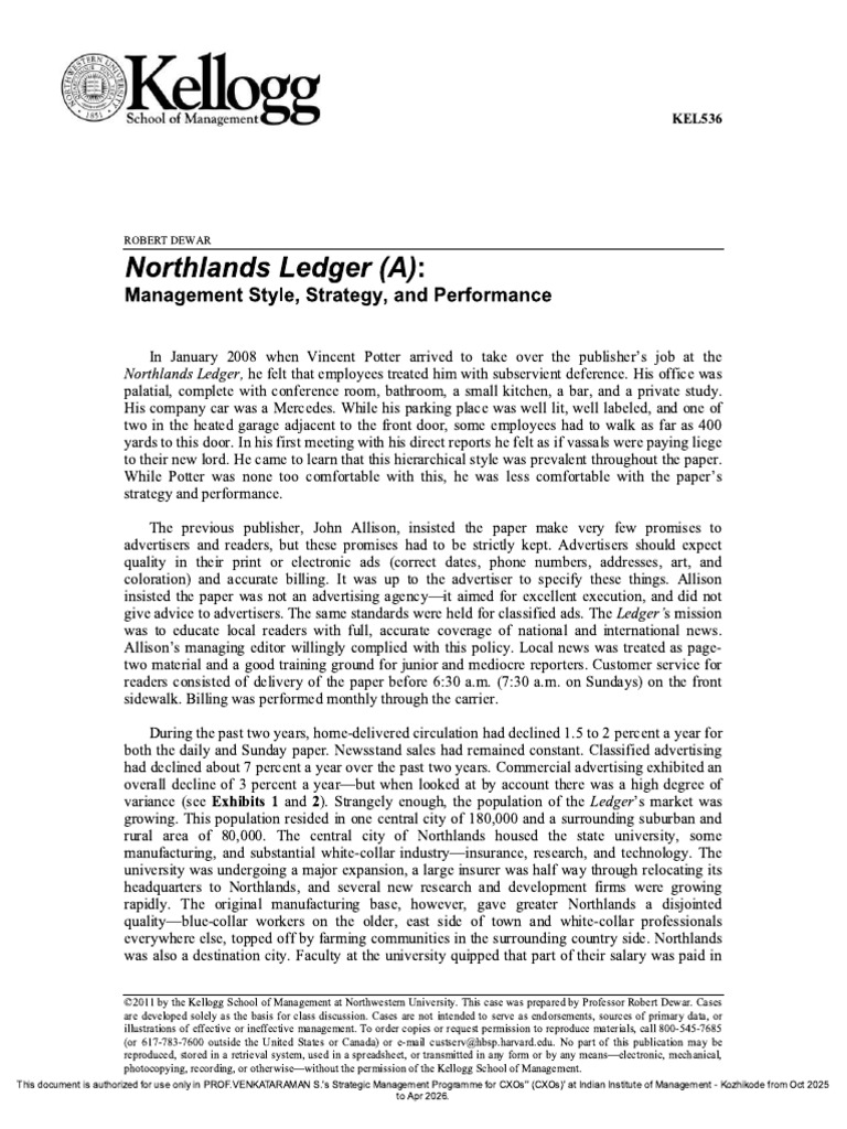 Northlands Ledger (A)_ Management Style, Strategy, and Performance | PDF