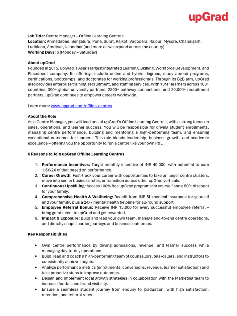 Centre Manager Job at upGrad Learning | PDF | Employee Retention ...