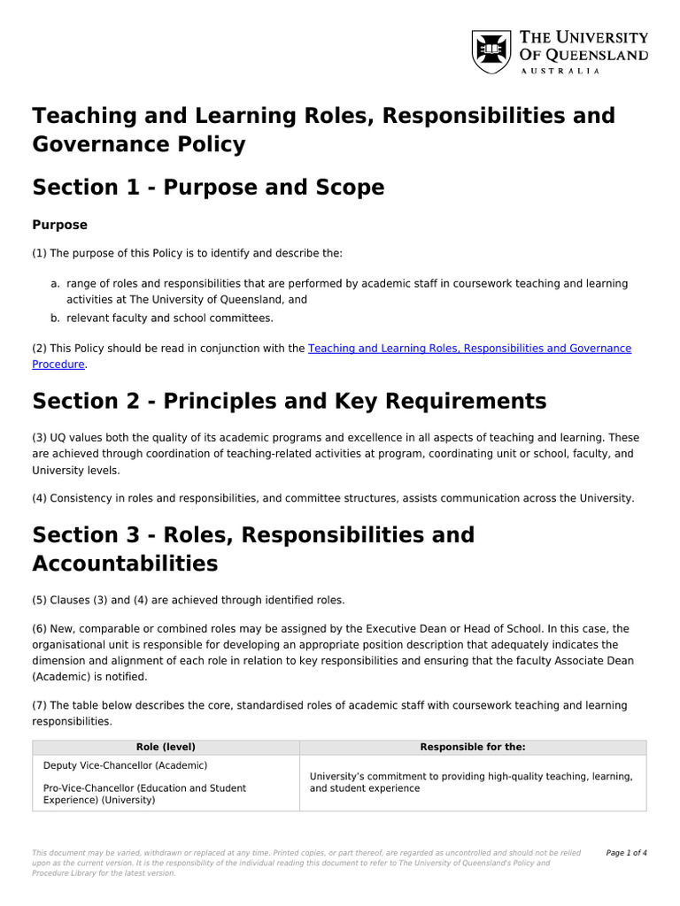 Teaching and Learning Roles Responsibilities and Governance Policy ...