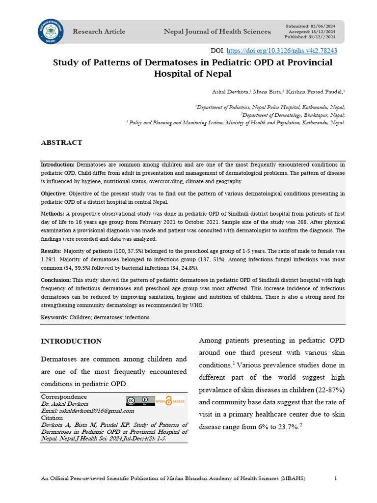 Pediatric Dermatoses Patterns in Nepal | PDF