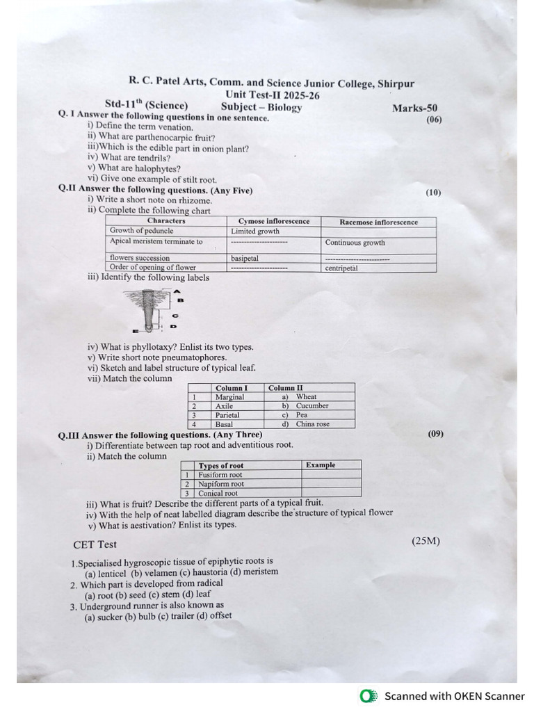 Second Unit Test XI Biology | PDF
