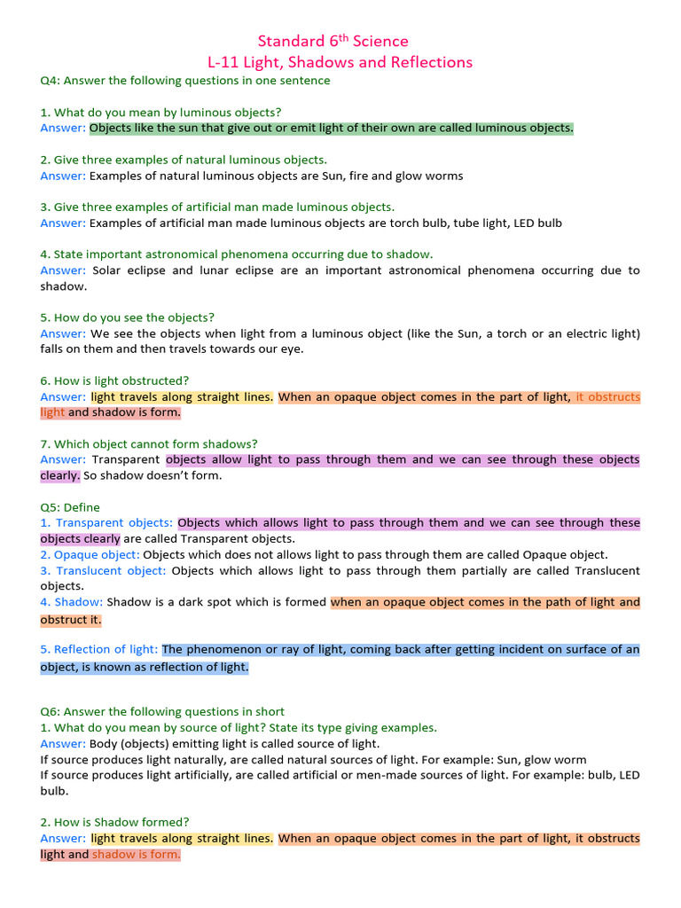 Light, Shadows & Reflections Explained | PDF | Light | Shadow