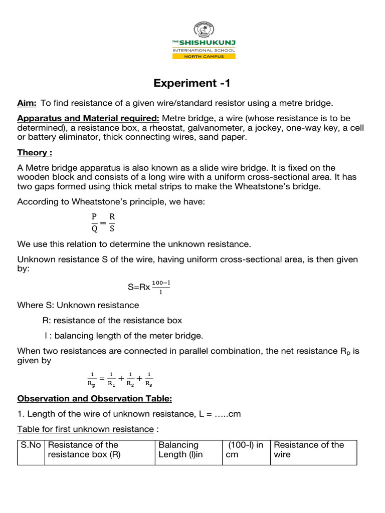 Metre Bridge Experiments on Resistance | PDF | Light | Electromagnetic ...