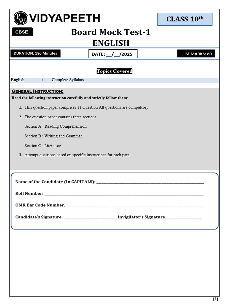 CBSE Class 10 English Mock Test 1 | PDF | Snow | Transport