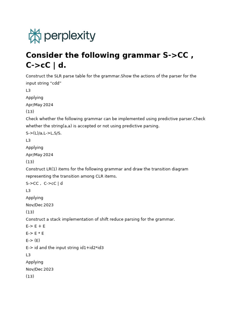 SLR Parsing and Grammar Analysis Guide | PDF | Parsing | Software ...