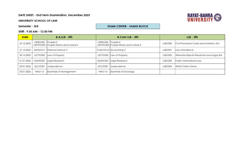 December 2025 Law Exam Schedule | PDF