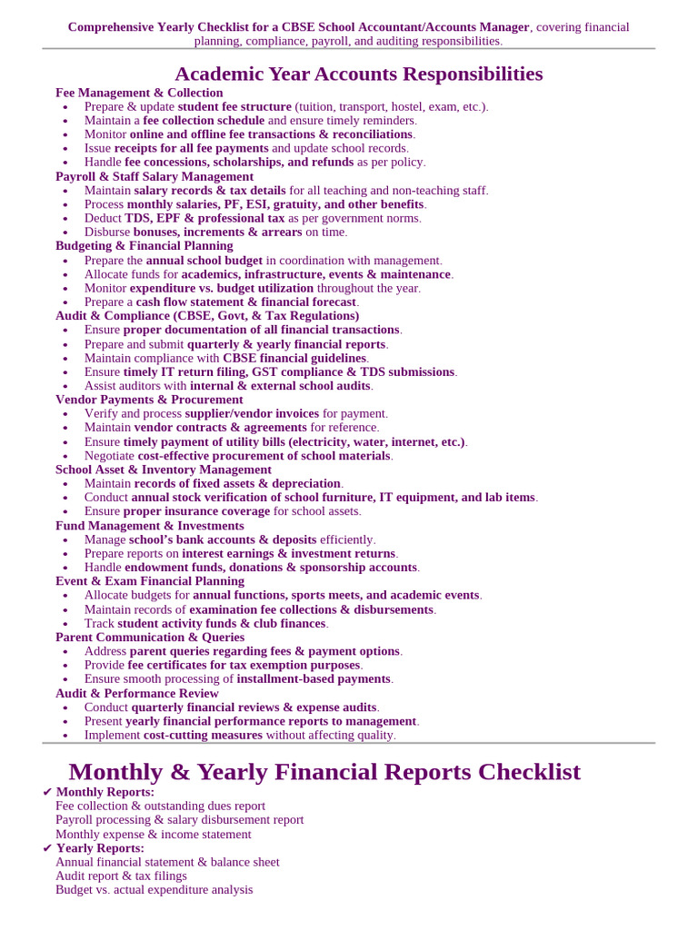 Comprehensive Yearly Checklist for a CBSE School Accountant | PDF ...
