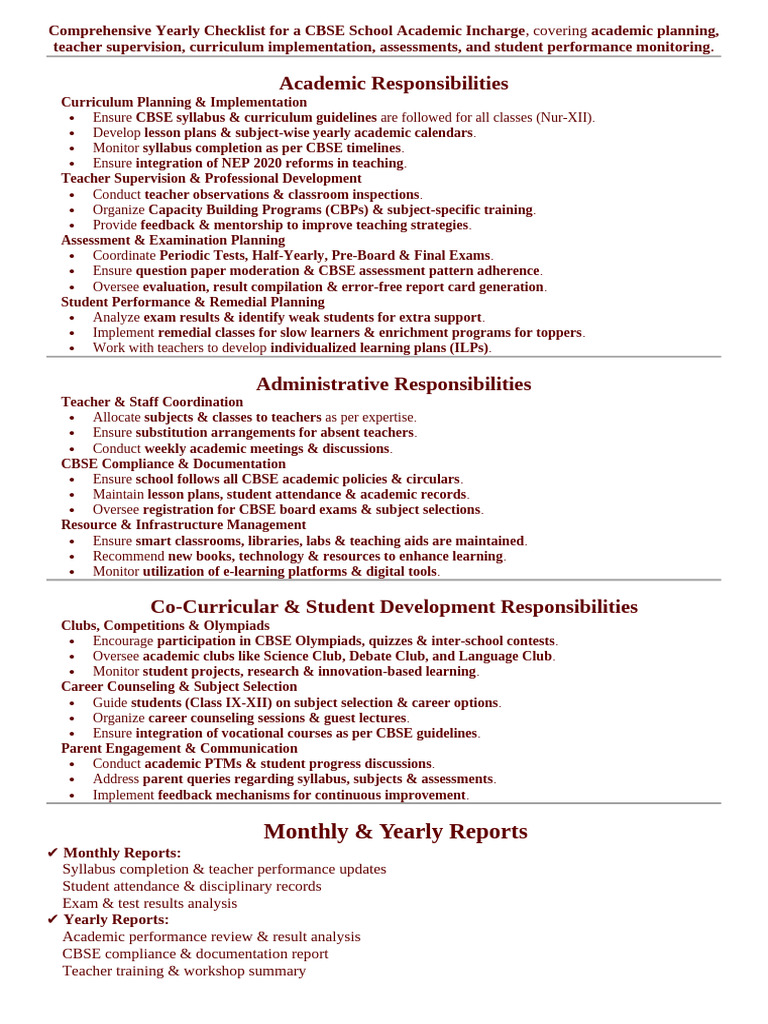 CBSE School Academic Incharge Checklist | PDF | Teachers | Lesson Plan