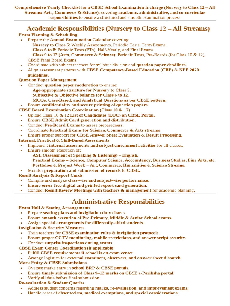 CBSE School Exam Incharge Checklist | PDF | Educational Assessment And ...